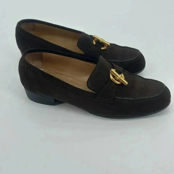 Authentic Vtg 1992 HERMES Brown Suede Slip On Flat Loafers Gold Metal Bit EU37.5 - Picture 4 of 11